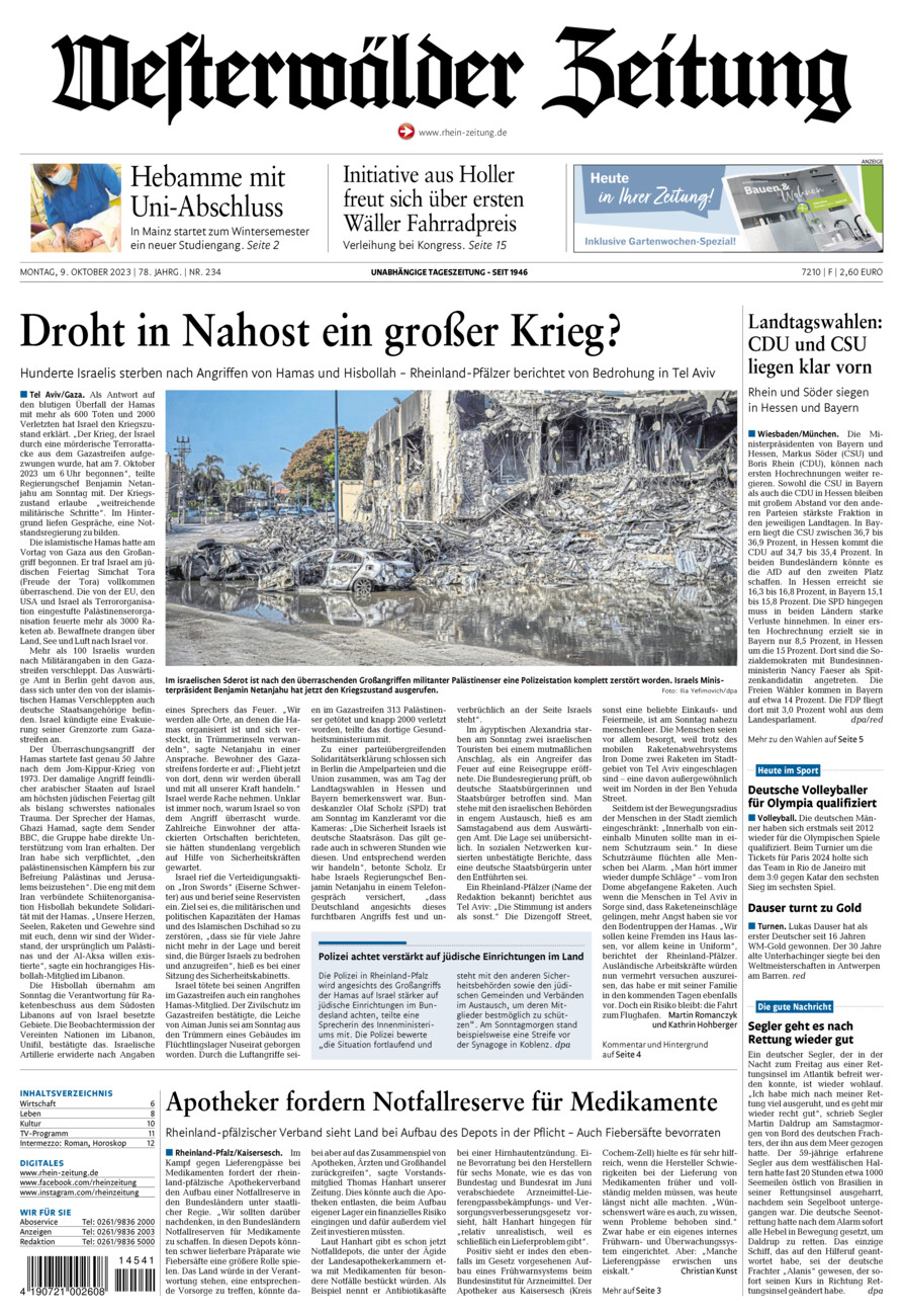 Westerwälder Zeitung vom Montag, 09.10.2023