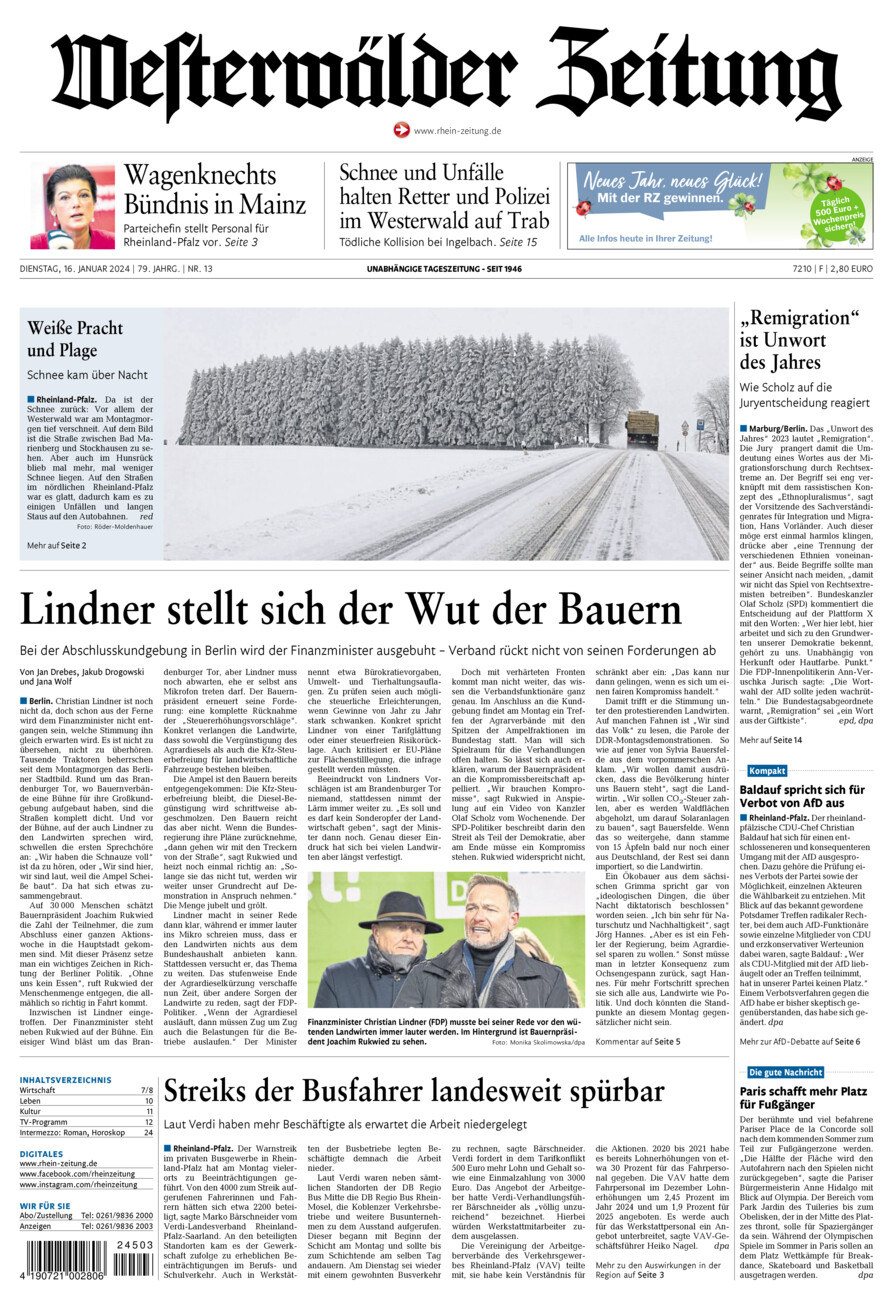 Westerwälder Zeitung vom Dienstag, 16.01.2024