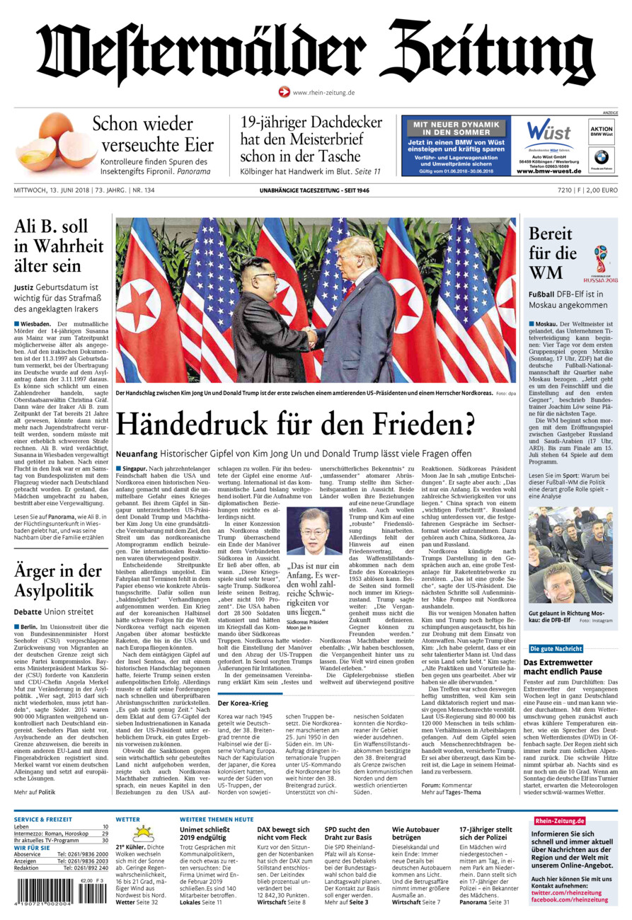 Westerwälder Zeitung vom Mittwoch, 13.06.2018