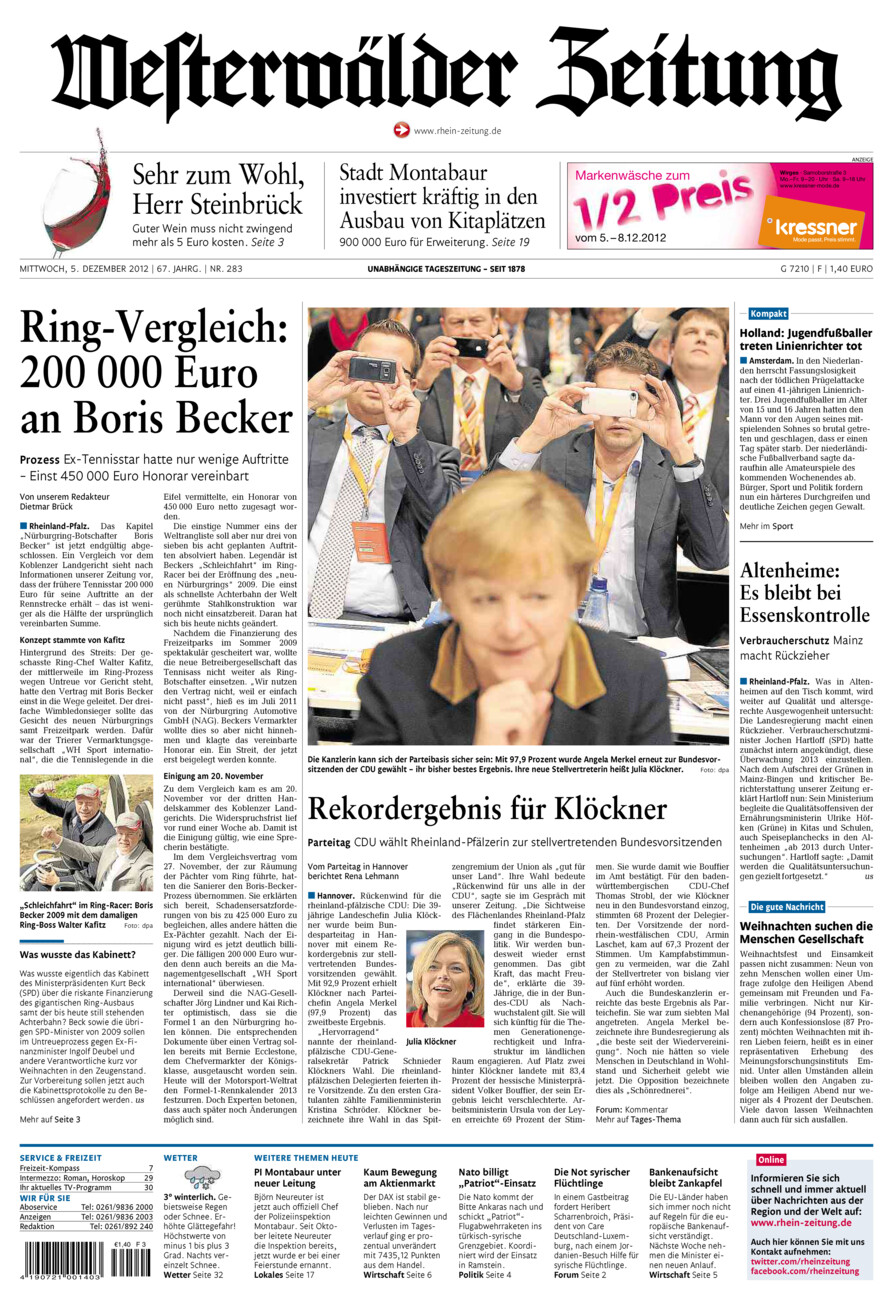 Westerwälder Zeitung vom Mittwoch, 05.12.2012