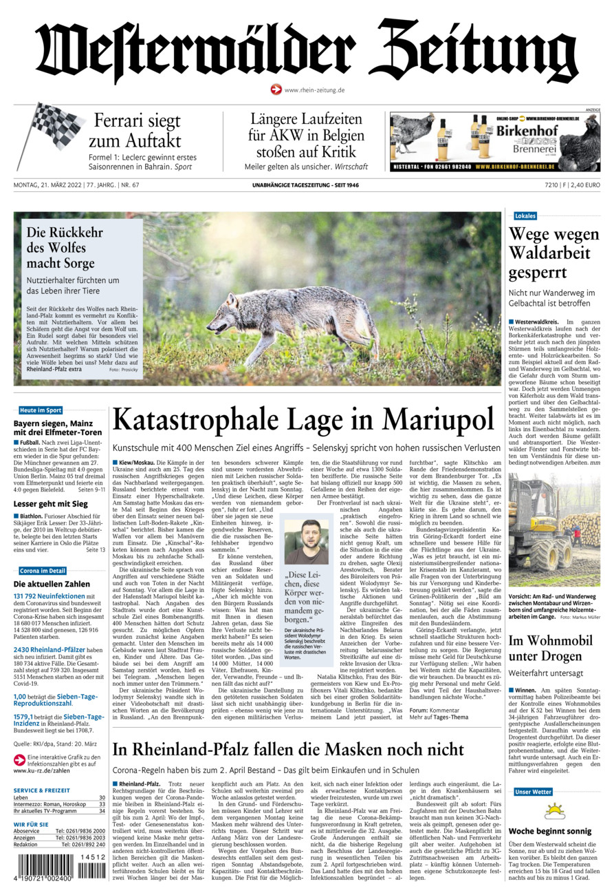 Westerwälder Zeitung vom Montag, 21.03.2022