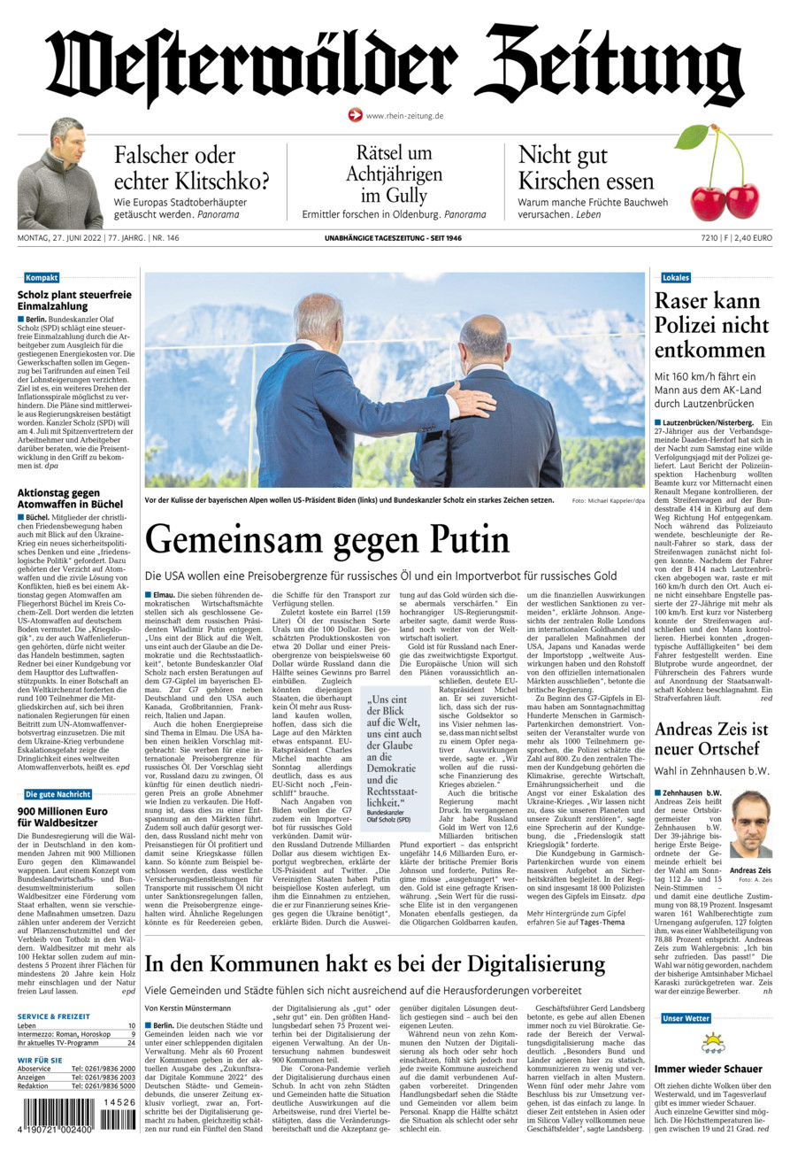 Westerwälder Zeitung vom Montag, 27.06.2022