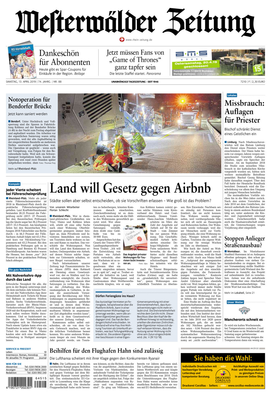 Westerwälder Zeitung vom Samstag, 13.04.2019