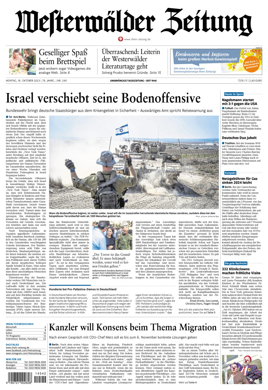 Westerwälder Zeitung vom Montag, 16.10.2023