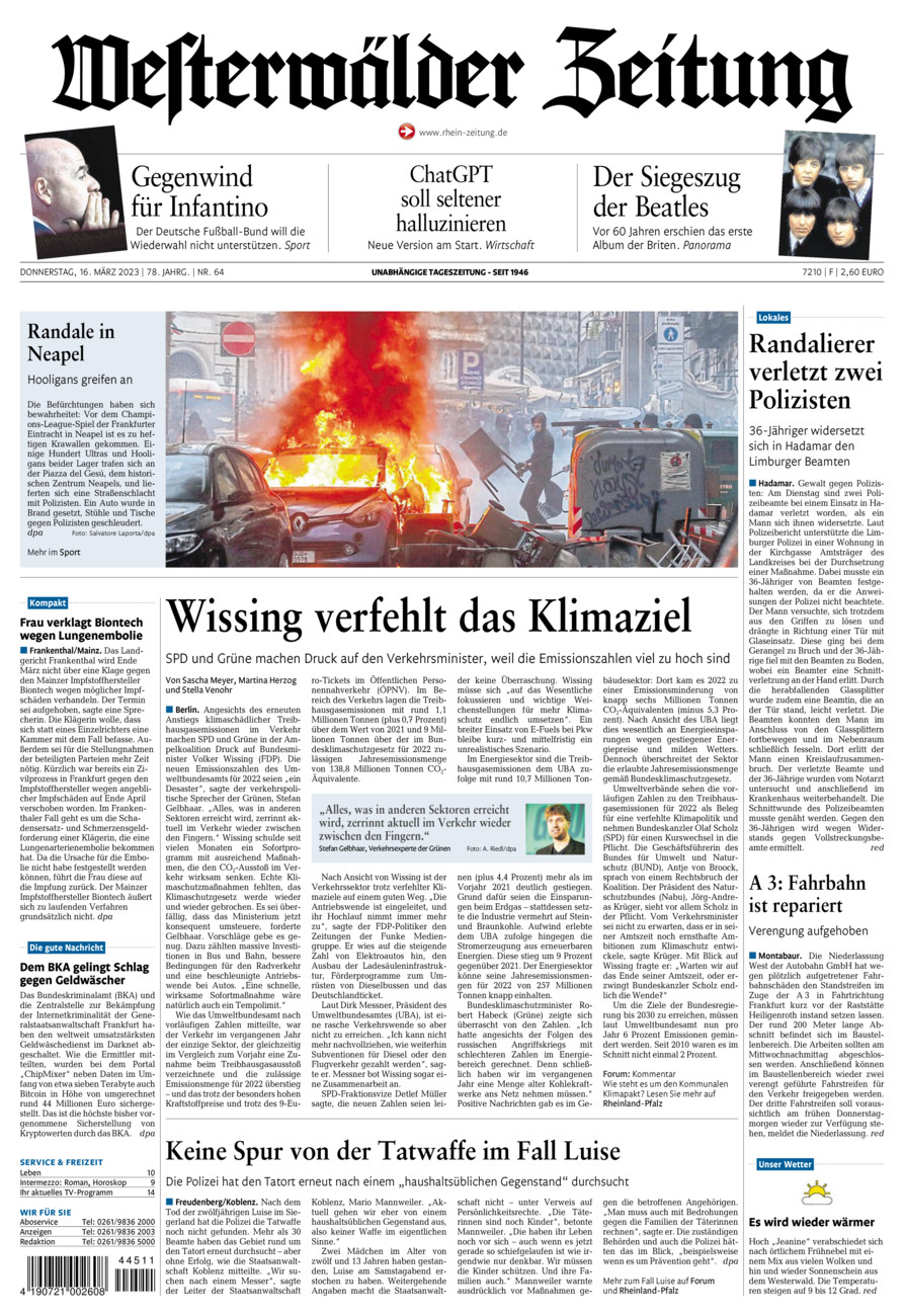 Westerwälder Zeitung vom Donnerstag, 16.03.2023