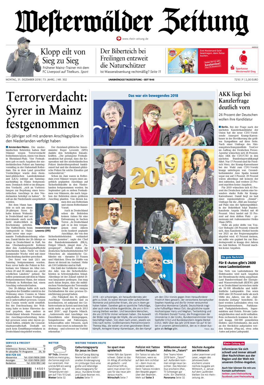 Westerwälder Zeitung vom Montag, 31.12.2018