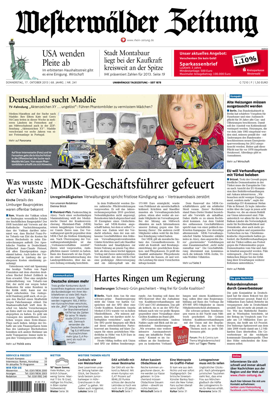 Westerwälder Zeitung vom Donnerstag, 17.10.2013