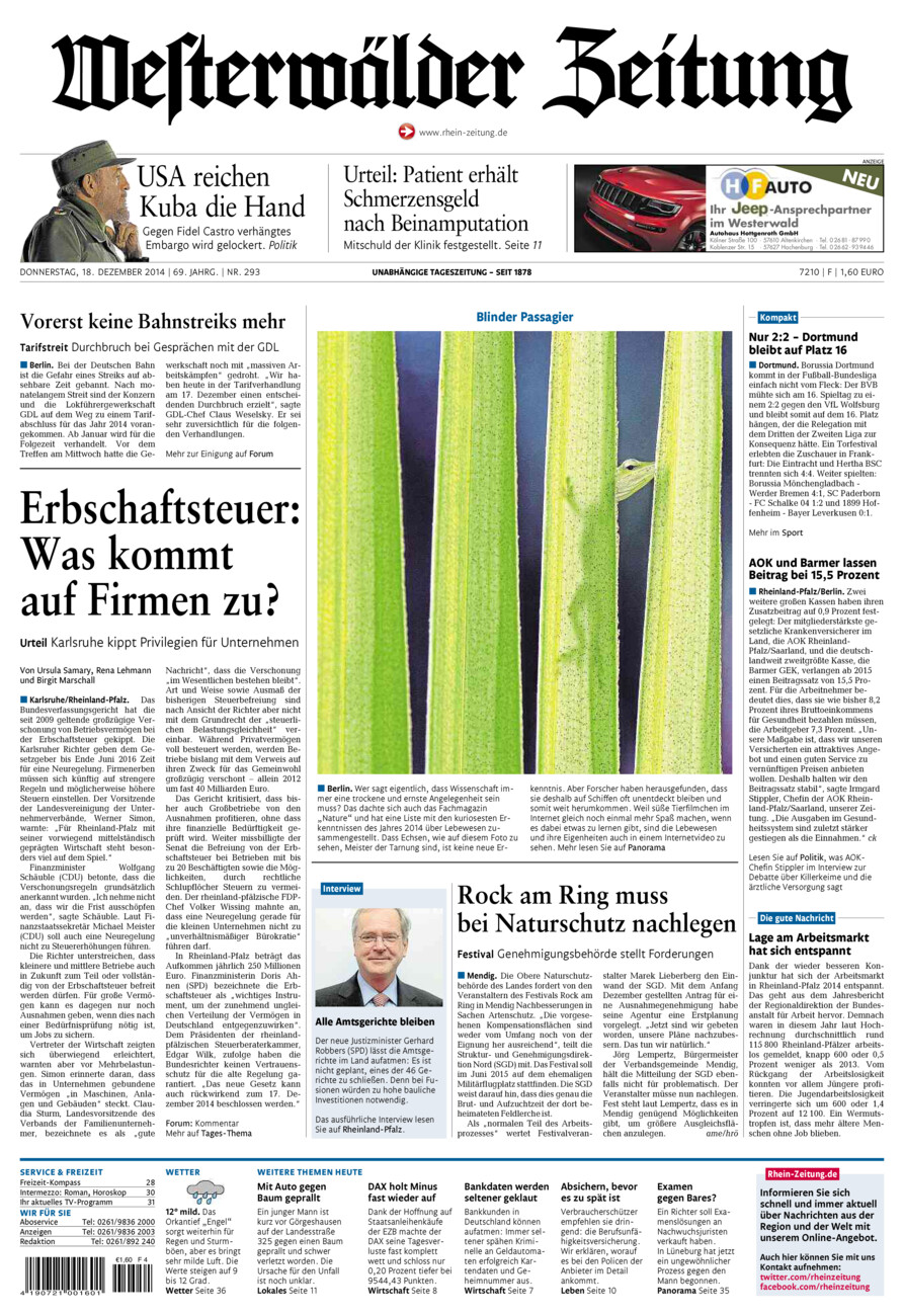 Westerwälder Zeitung vom Donnerstag, 18.12.2014