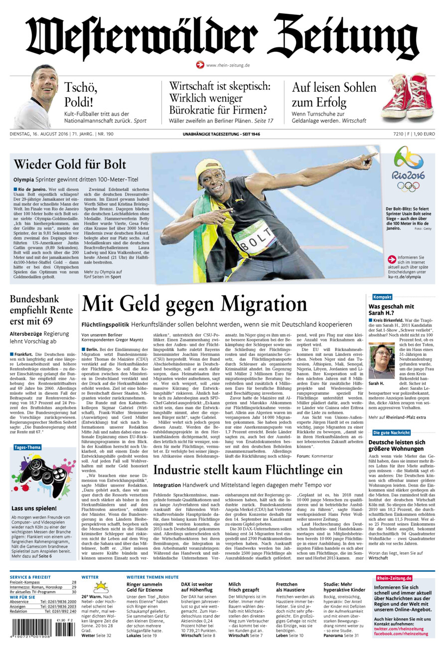 Westerwälder Zeitung vom Dienstag, 16.08.2016
