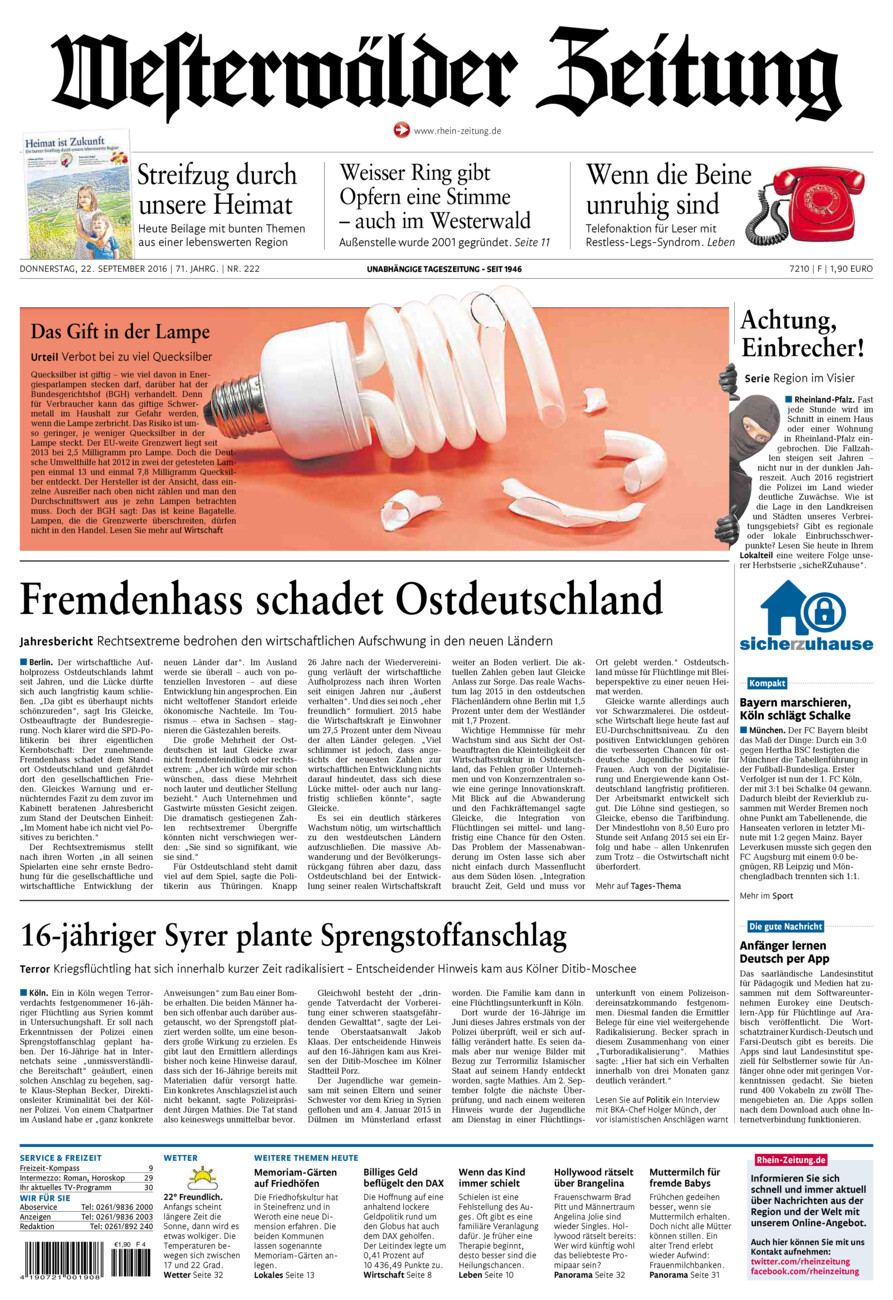 Westerwälder Zeitung vom Donnerstag, 22.09.2016