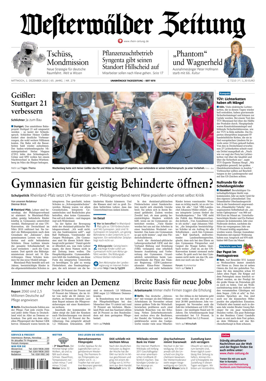 Westerwälder Zeitung vom Mittwoch, 01.12.2010