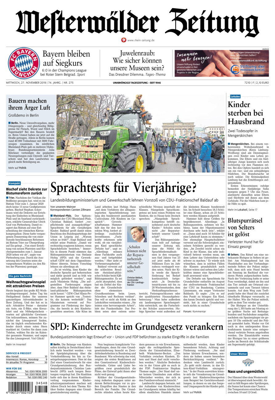 Westerwälder Zeitung vom Mittwoch, 27.11.2019
