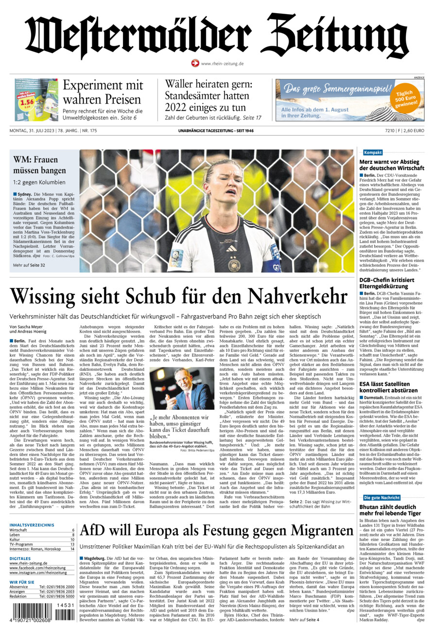 Westerwälder Zeitung vom Montag, 31.07.2023