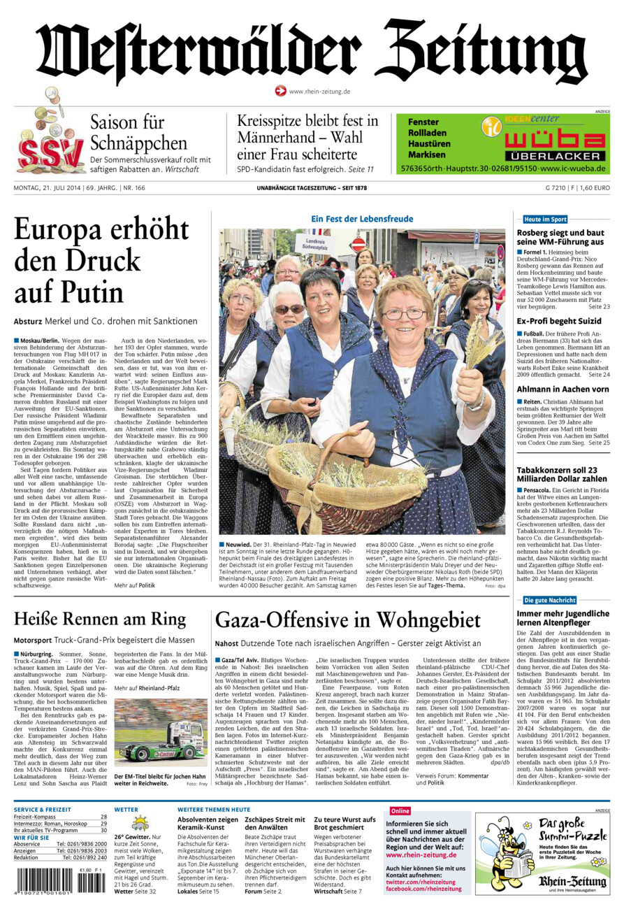 Westerwälder Zeitung vom Montag, 21.07.2014