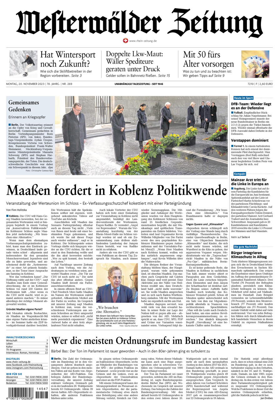 Westerwälder Zeitung vom Montag, 20.11.2023