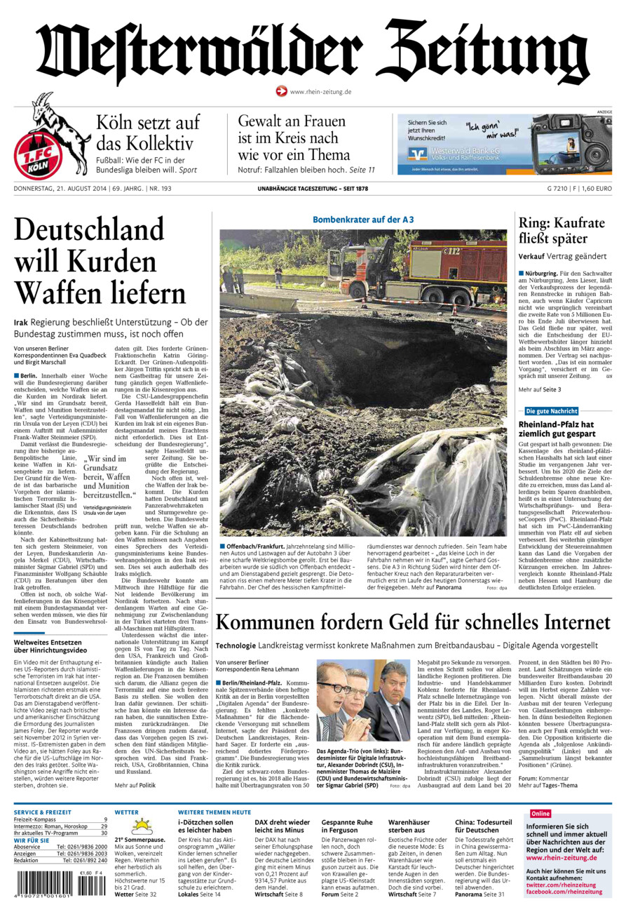 Westerwälder Zeitung vom Donnerstag, 21.08.2014