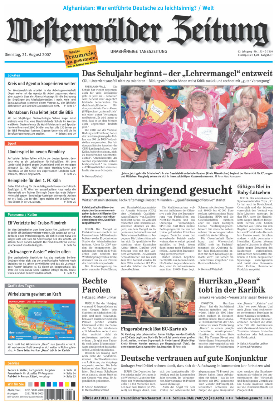 Westerwälder Zeitung vom Dienstag, 21.08.2007