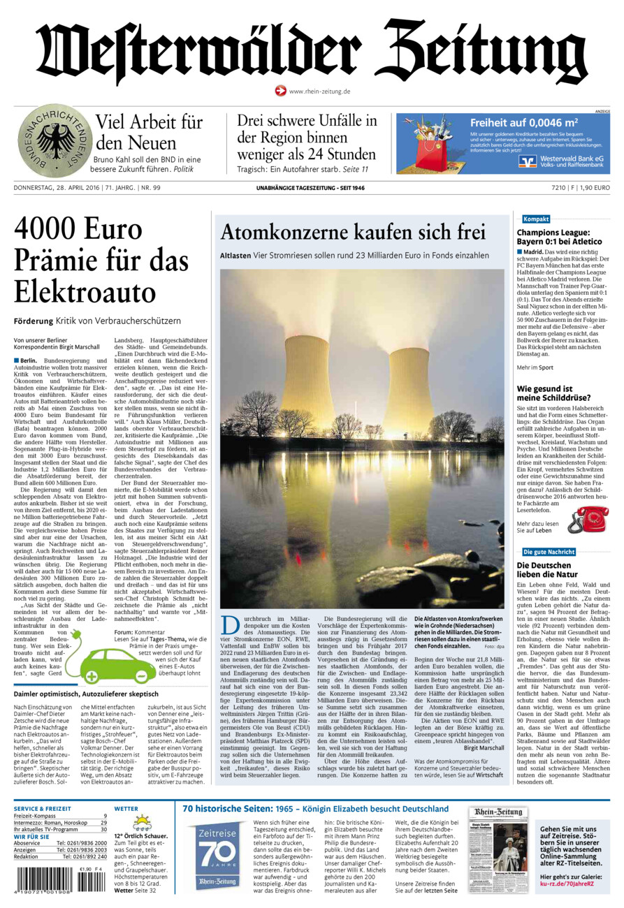 Westerwälder Zeitung vom Donnerstag, 28.04.2016