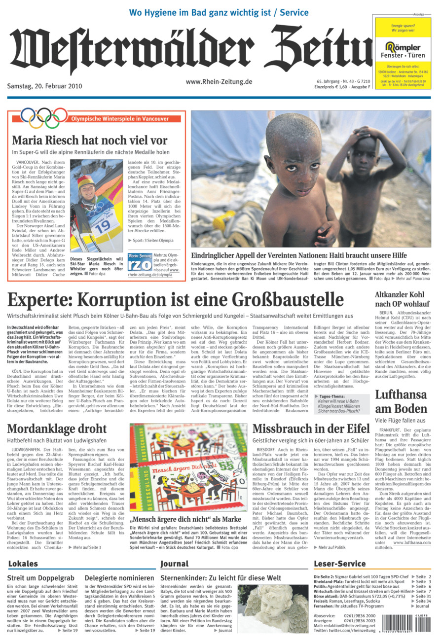 Westerwälder Zeitung vom Samstag, 20.02.2010