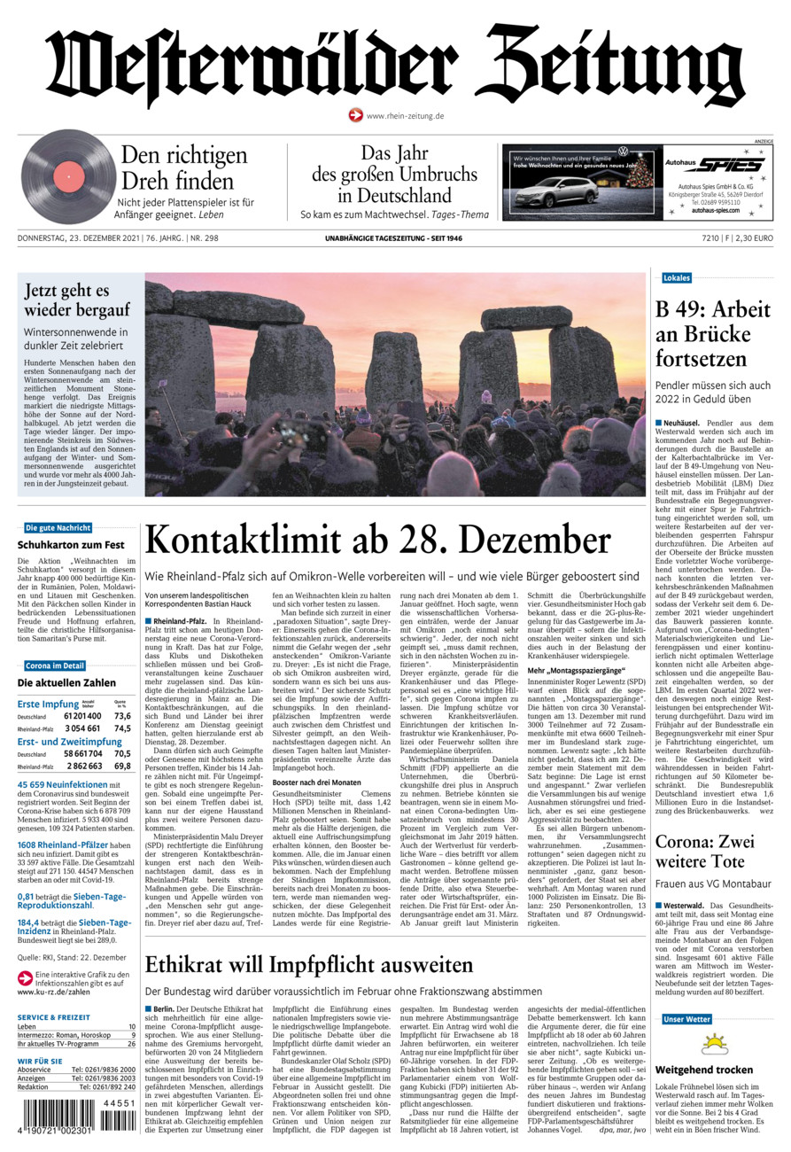 Westerwälder Zeitung vom Donnerstag, 23.12.2021