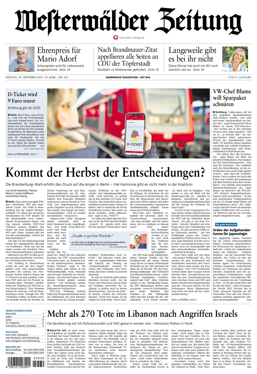 Westerwälder Zeitung vom Dienstag, 24.09.2024