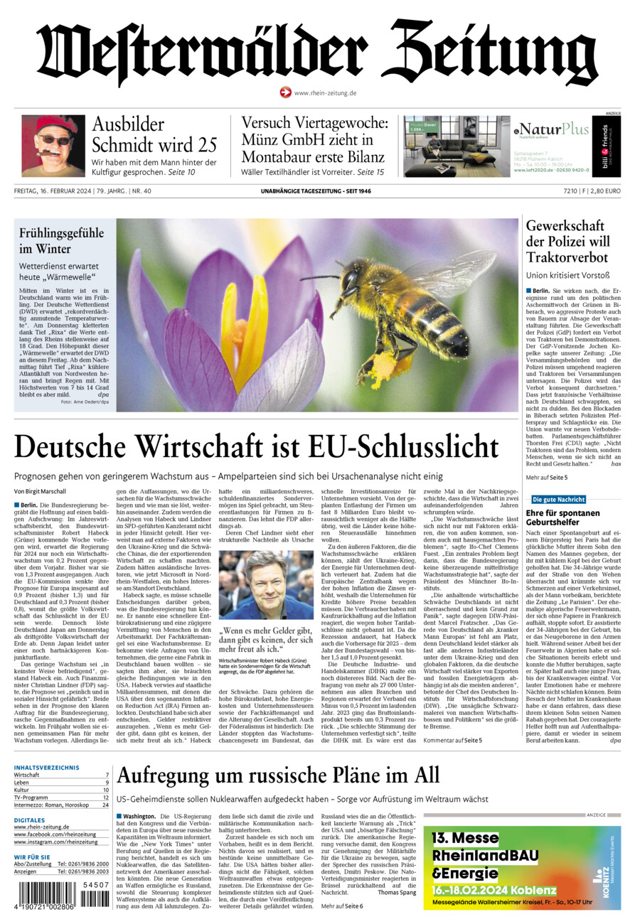 Westerwälder Zeitung vom Freitag, 16.02.2024