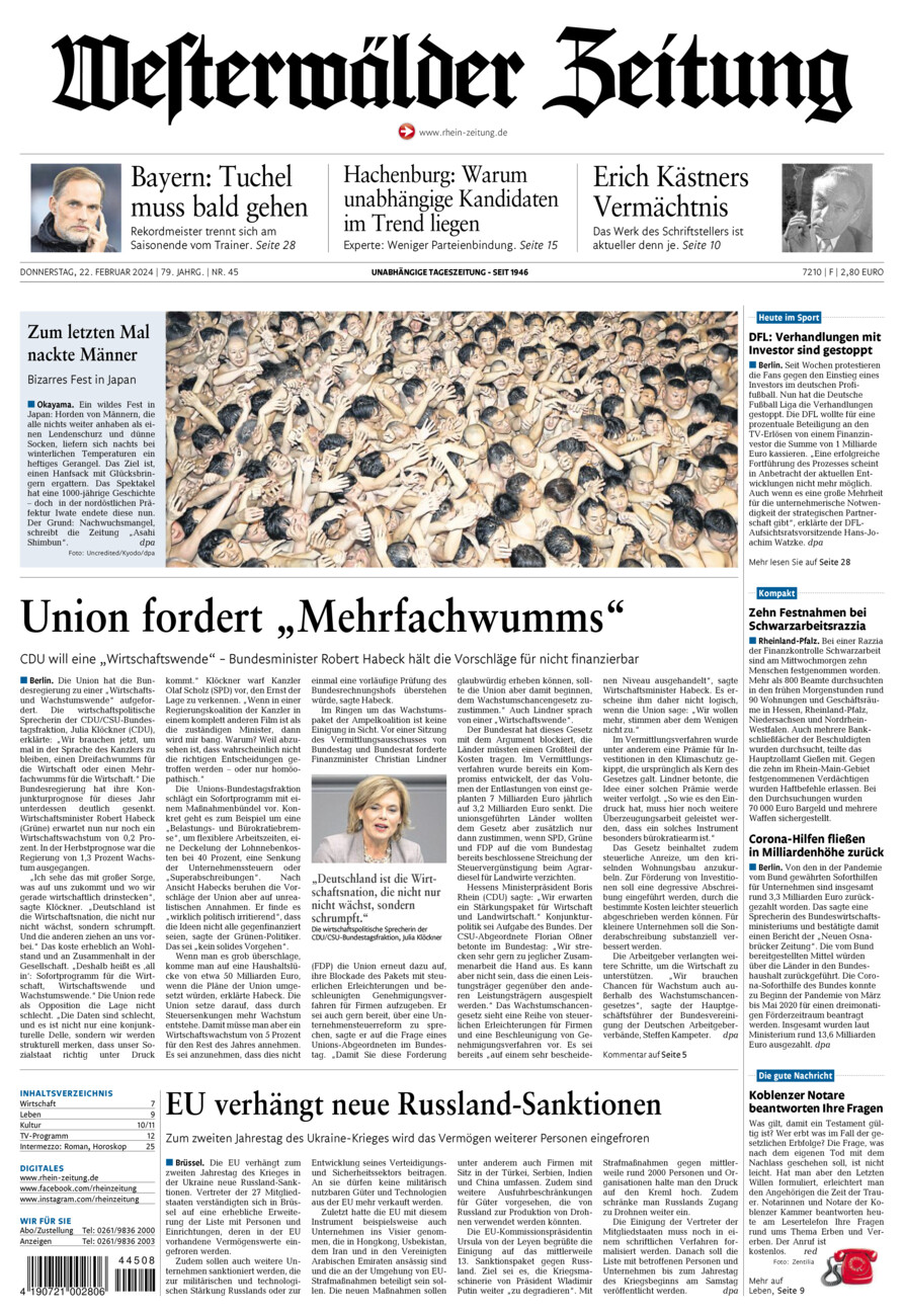 Westerwälder Zeitung vom Donnerstag, 22.02.2024