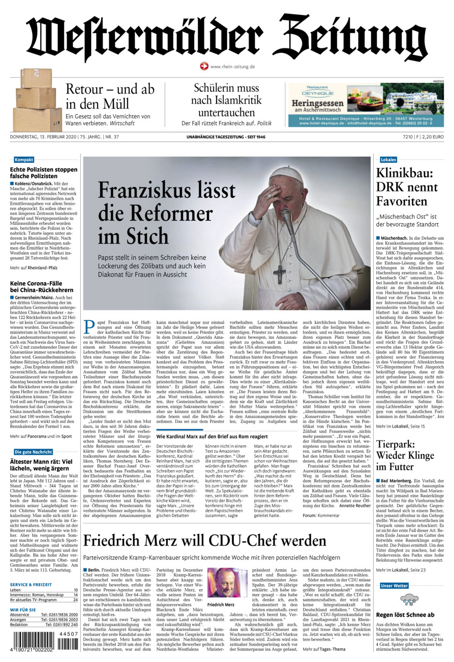 Westerwälder Zeitung vom Donnerstag, 13.02.2020