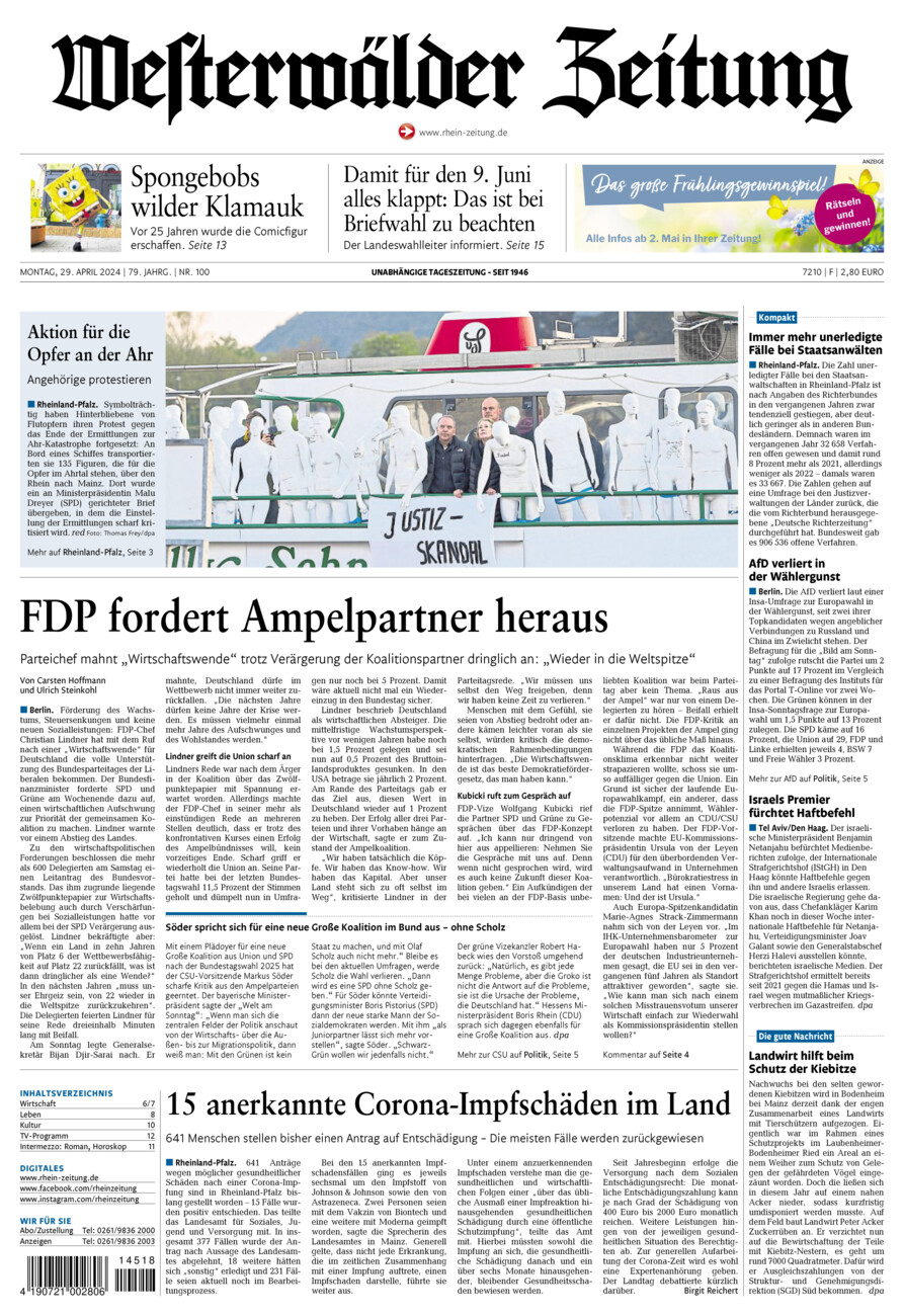 Westerwälder Zeitung vom Montag, 29.04.2024