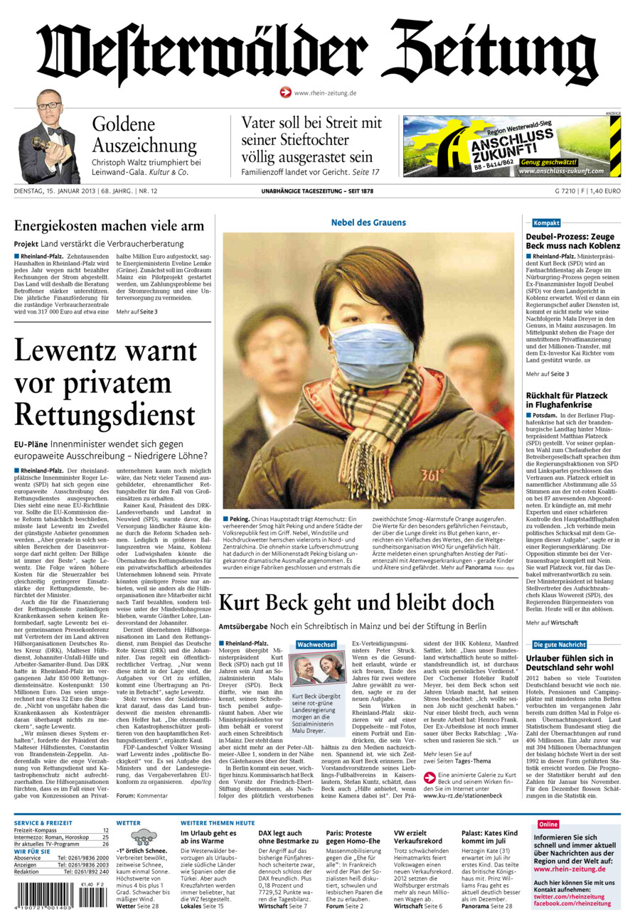 Westerwälder Zeitung vom Dienstag, 15.01.2013