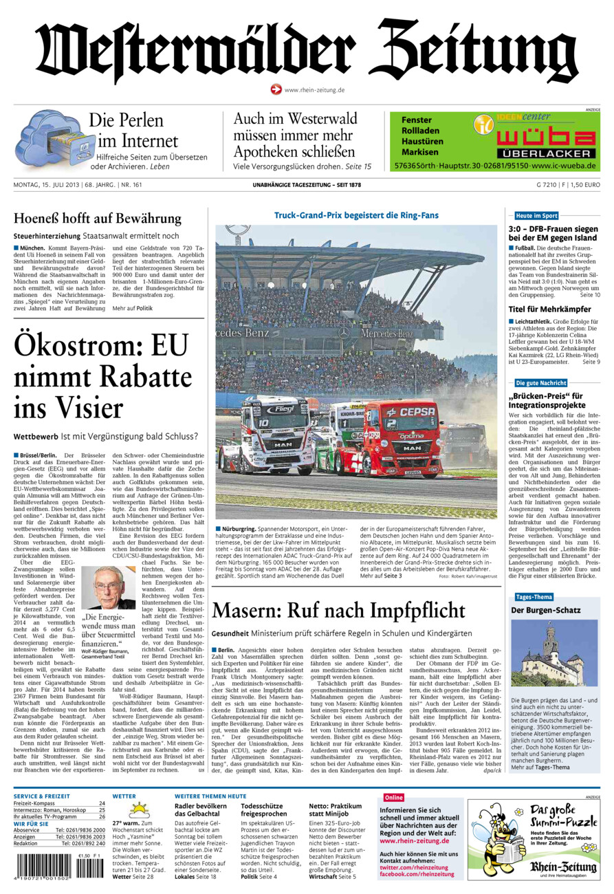 Westerwälder Zeitung vom Montag, 15.07.2013