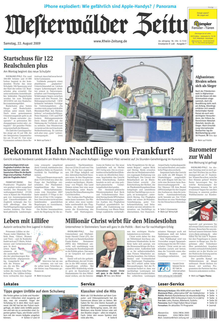 Westerwälder Zeitung vom Samstag, 22.08.2009