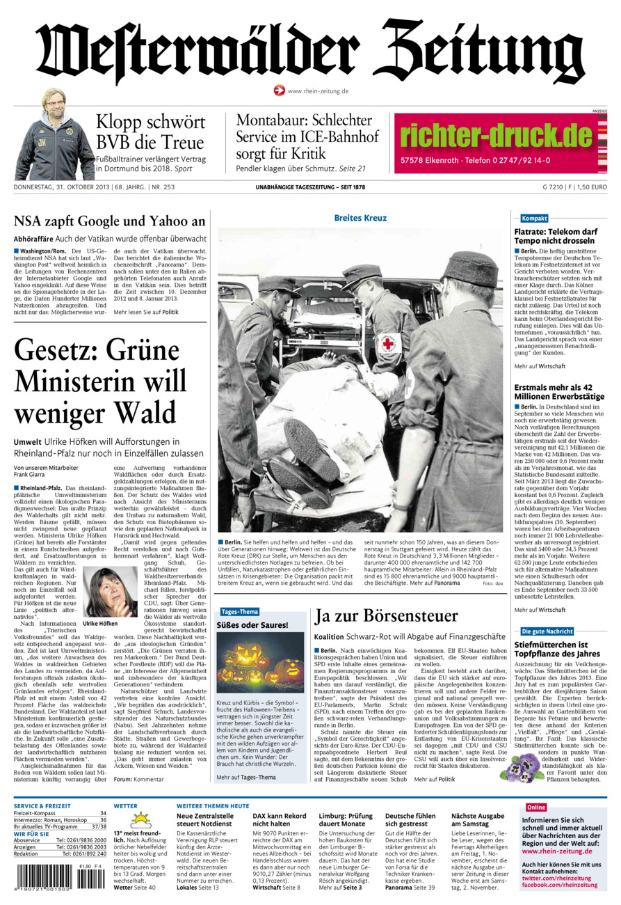 Westerwälder Zeitung vom Donnerstag, 31.10.2013