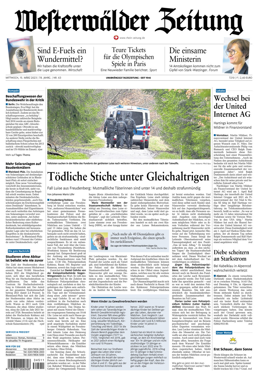 Westerwälder Zeitung vom Mittwoch, 15.03.2023