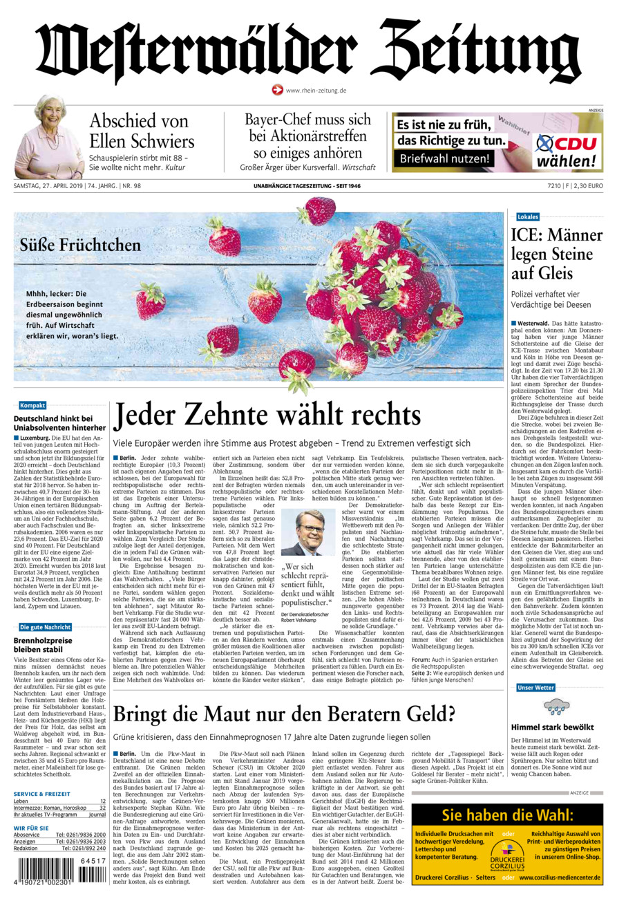 Westerwälder Zeitung vom Samstag, 27.04.2019