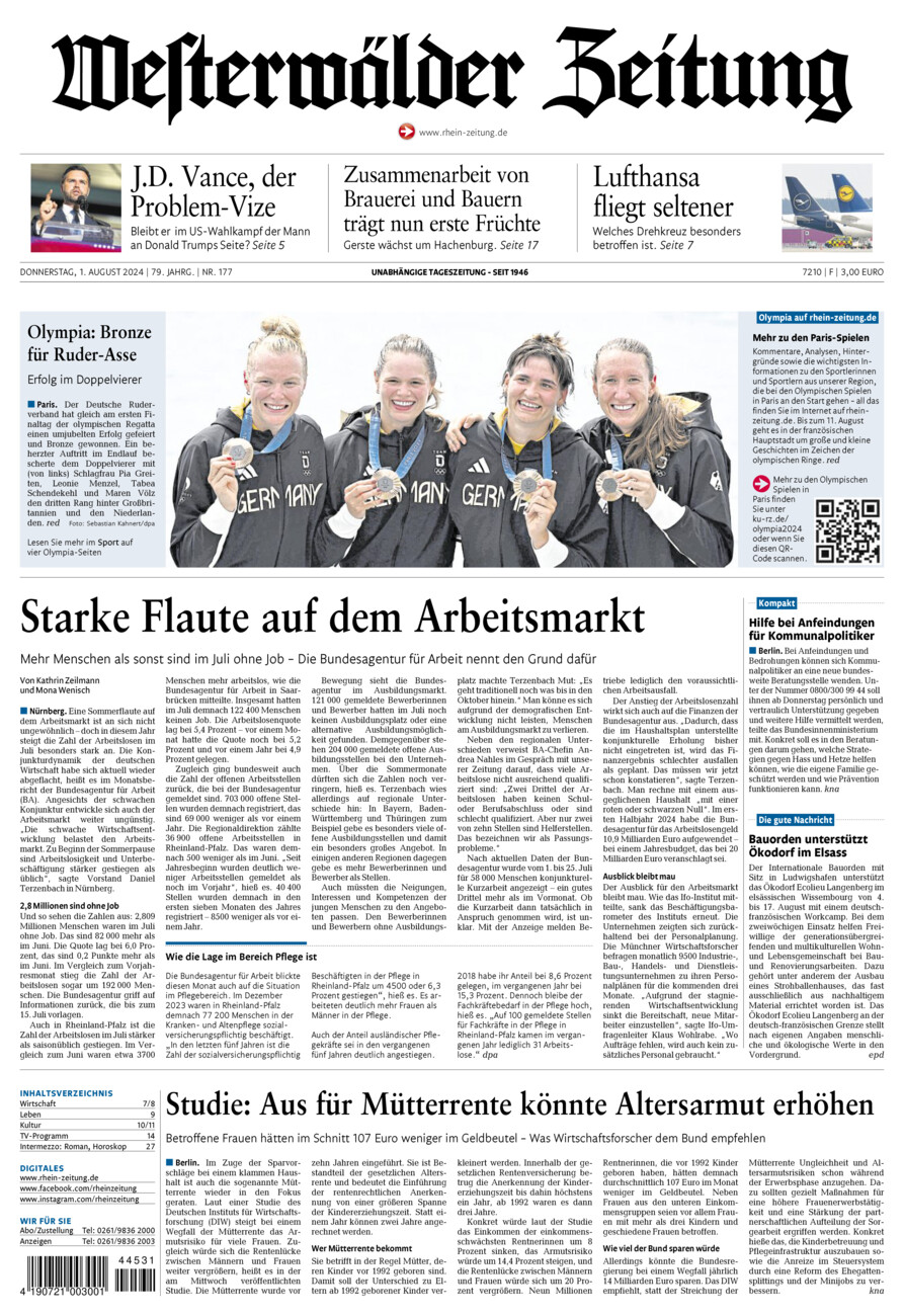 Westerwälder Zeitung vom Donnerstag, 01.08.2024