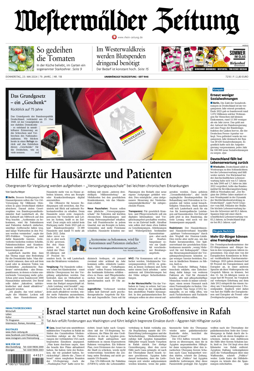 Westerwälder Zeitung vom Donnerstag, 23.05.2024