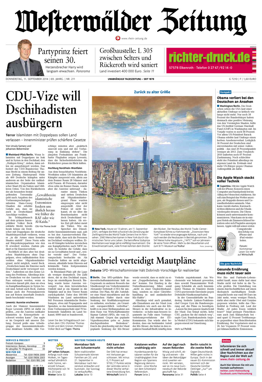 Westerwälder Zeitung vom Donnerstag, 11.09.2014