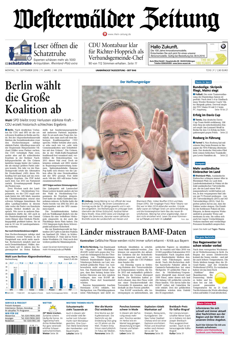 Westerwälder Zeitung vom Montag, 19.09.2016