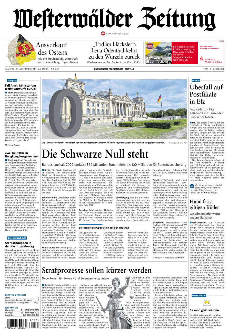 Westerwälder Zeitung vom Samstag, 16.11.2019