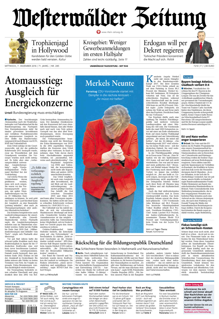 Westerwälder Zeitung vom Mittwoch, 07.12.2016