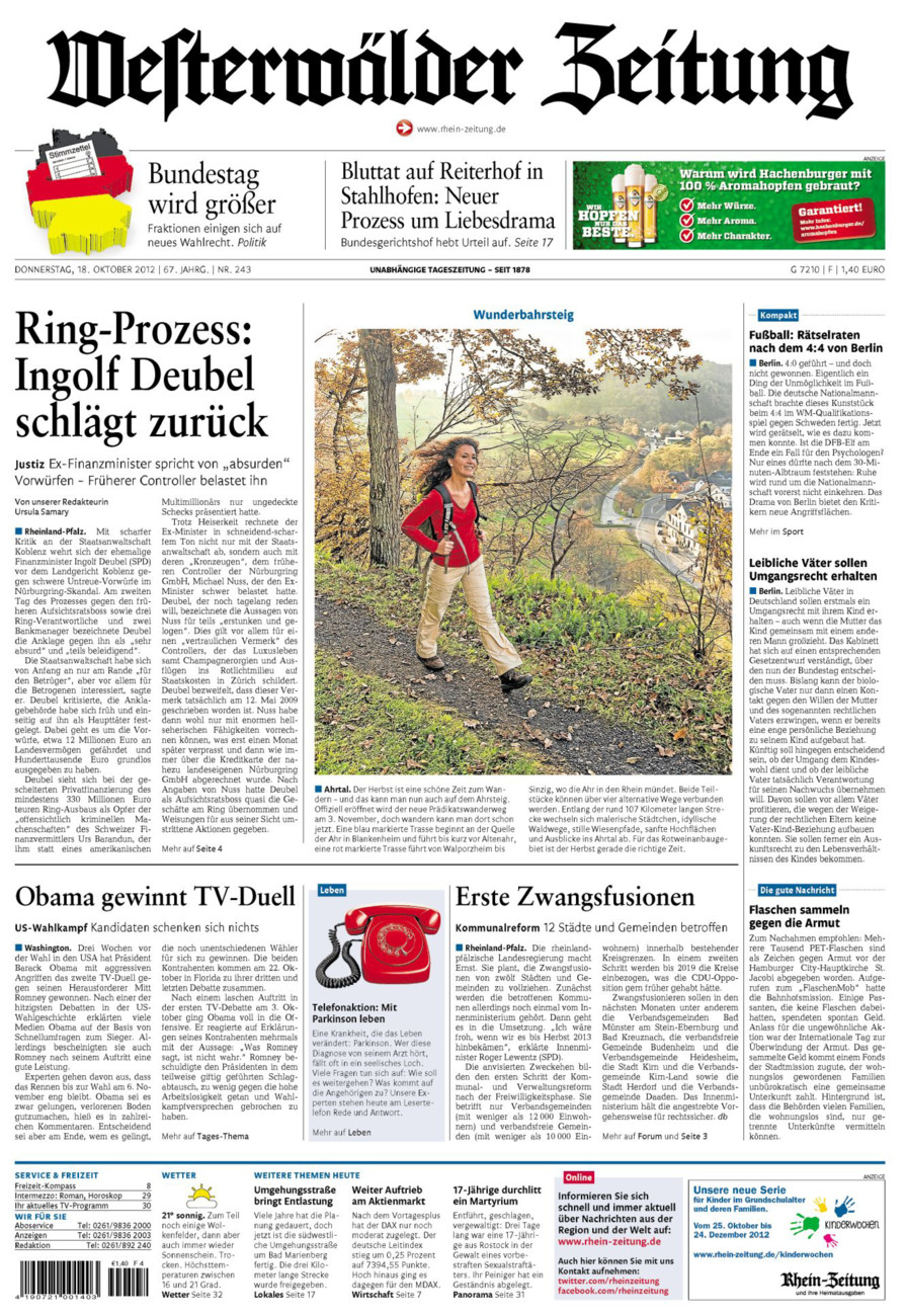 Westerwälder Zeitung vom Donnerstag, 18.10.2012