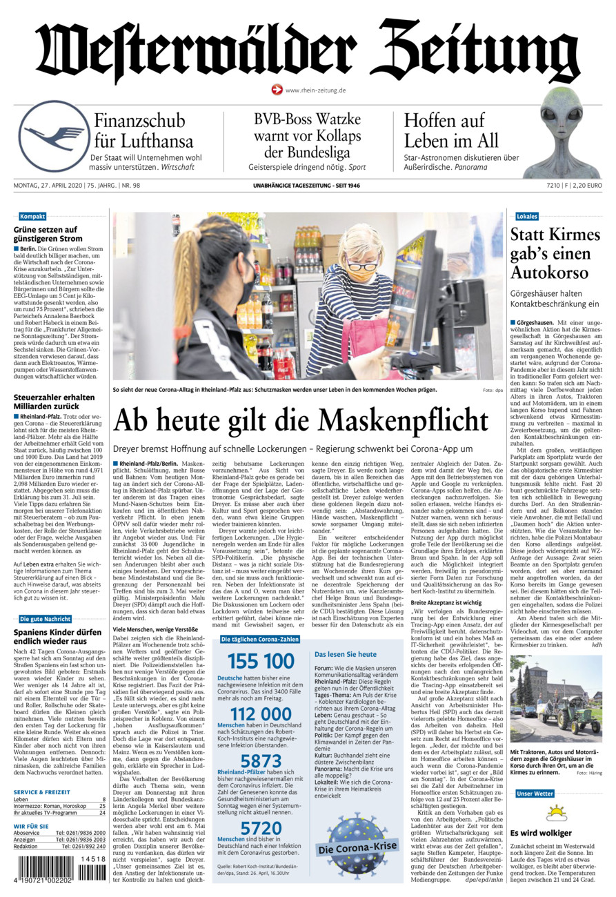 Westerwälder Zeitung vom Montag, 27.04.2020