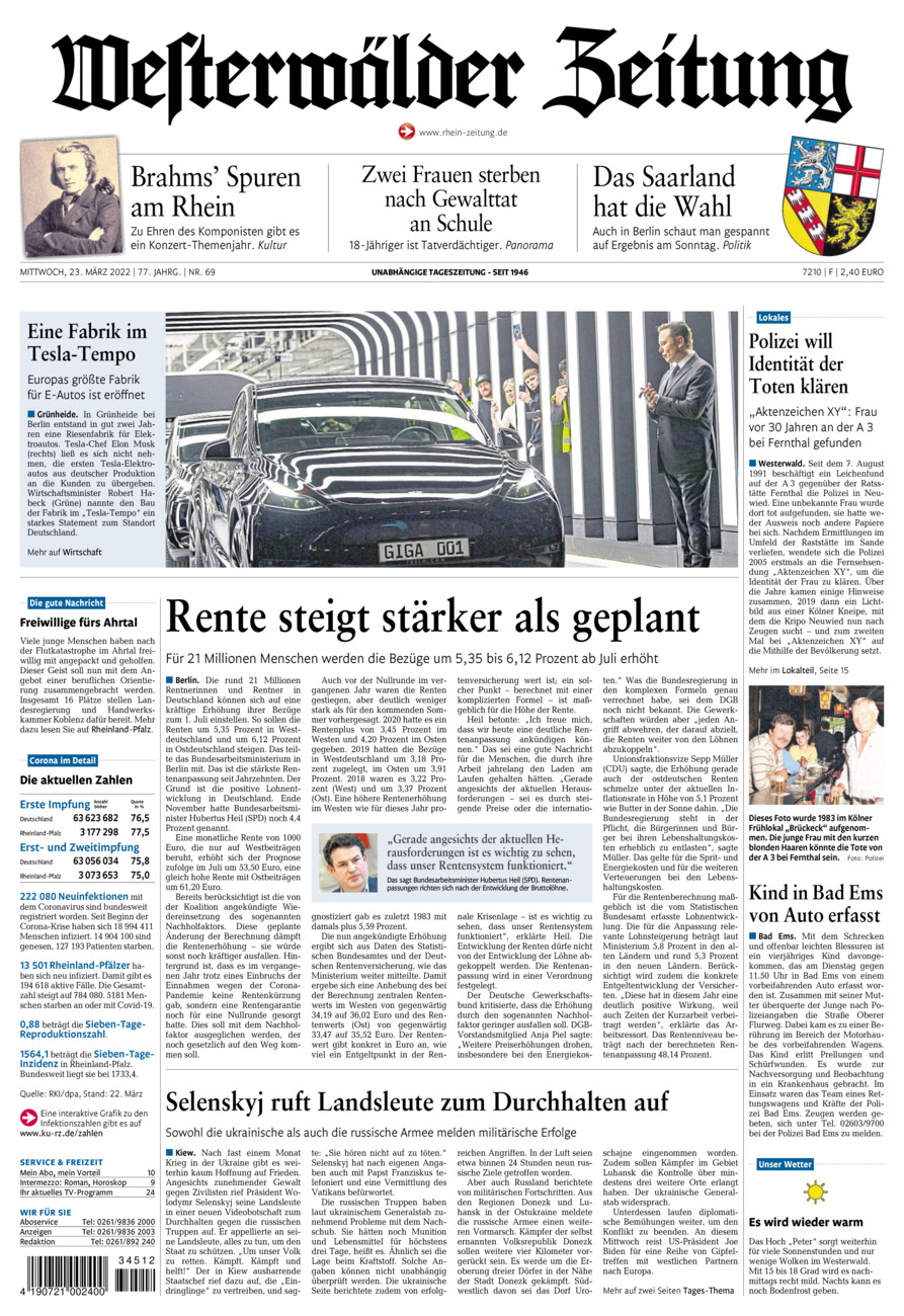 Westerwälder Zeitung vom Mittwoch, 23.03.2022