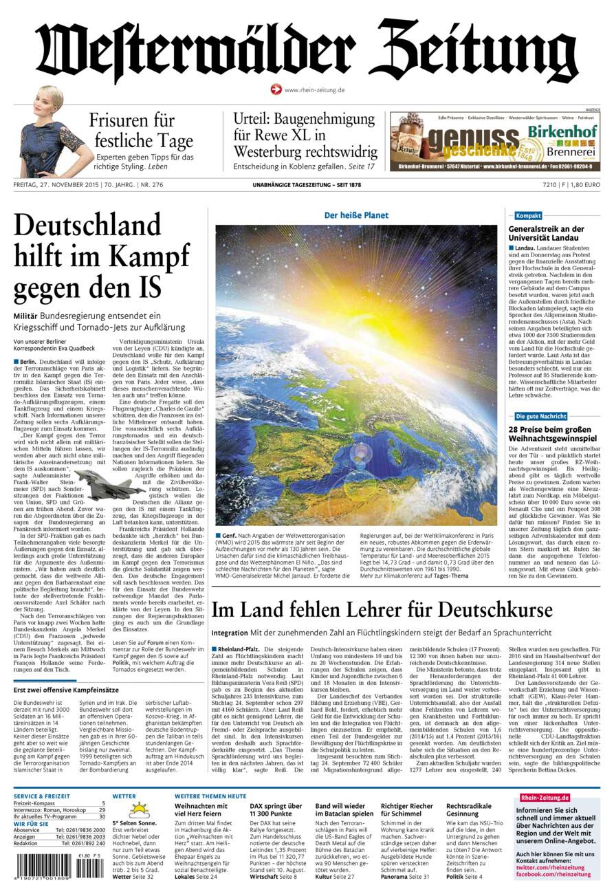Westerwälder Zeitung vom Freitag, 27.11.2015