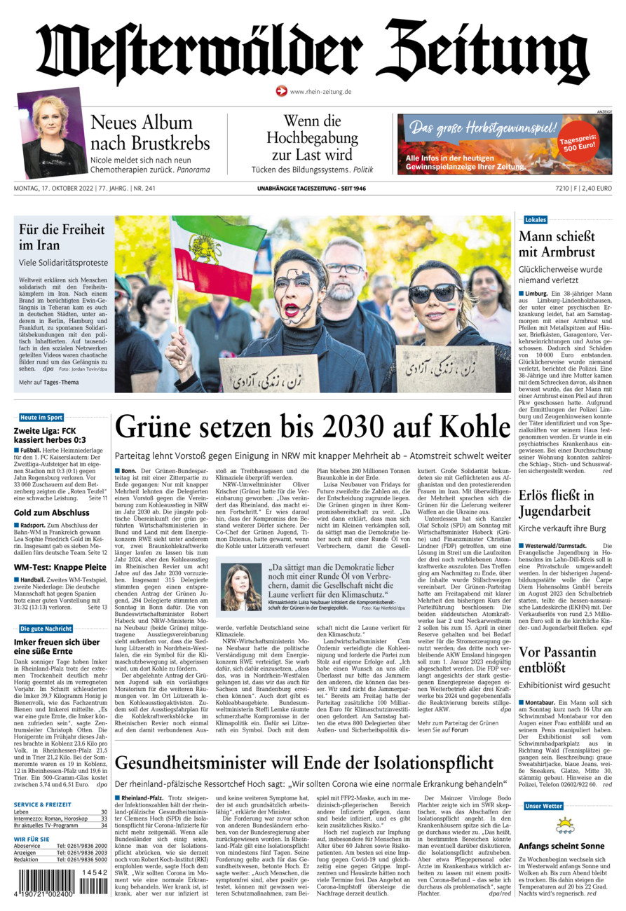 Westerwälder Zeitung vom Montag, 17.10.2022