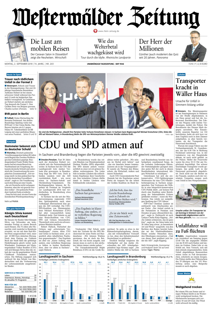 Westerwälder Zeitung vom Montag, 02.09.2019