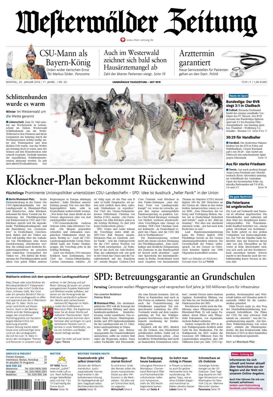 Westerwälder Zeitung vom Montag, 25.01.2016