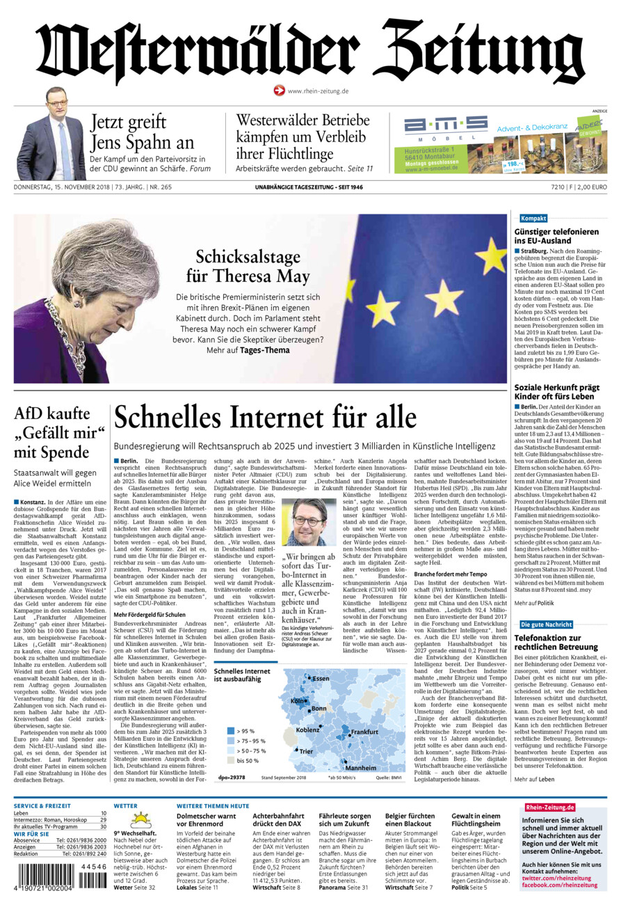 Westerwälder Zeitung vom Donnerstag, 15.11.2018