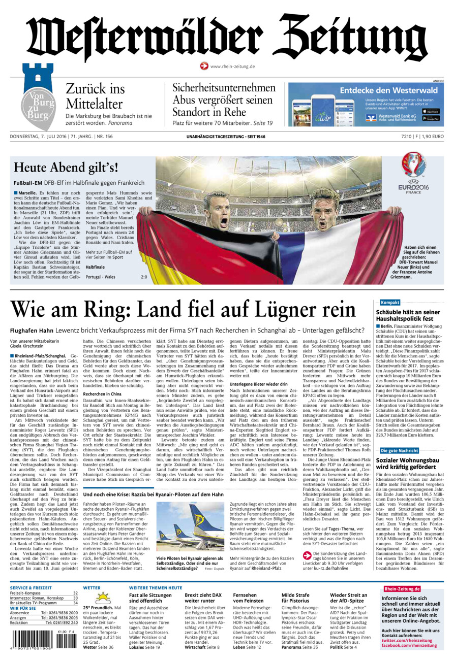 Westerwälder Zeitung vom Donnerstag, 07.07.2016